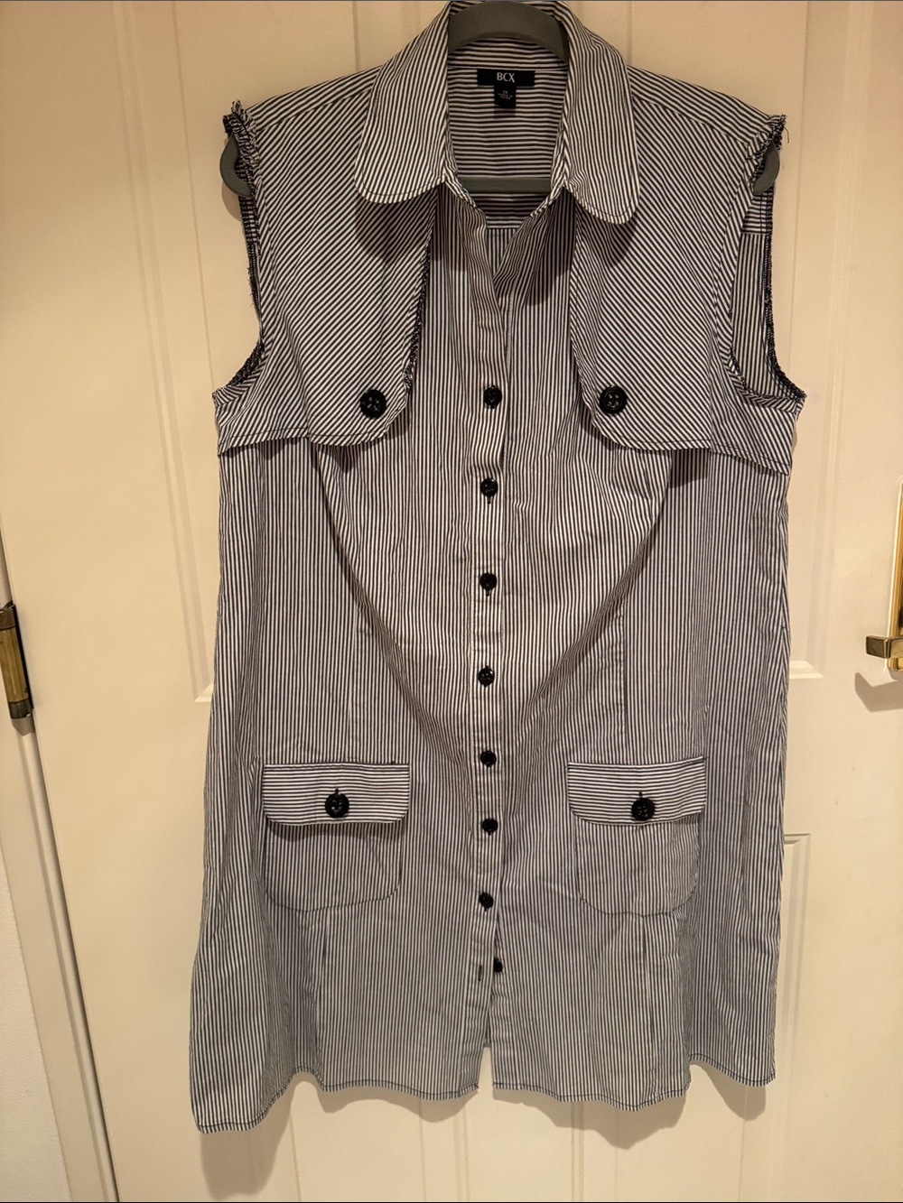 BCX Navy and White Striped Sleeveless Shirt Dress